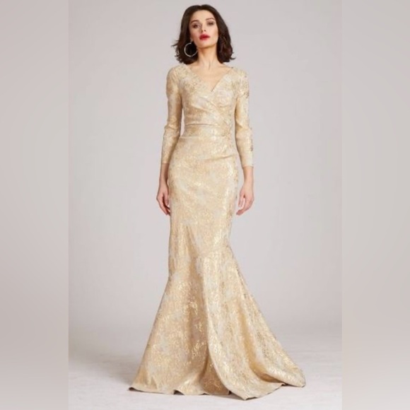 Teri Jon NEW Godet Hem Metallic Jacquard Gold Gown Size 12